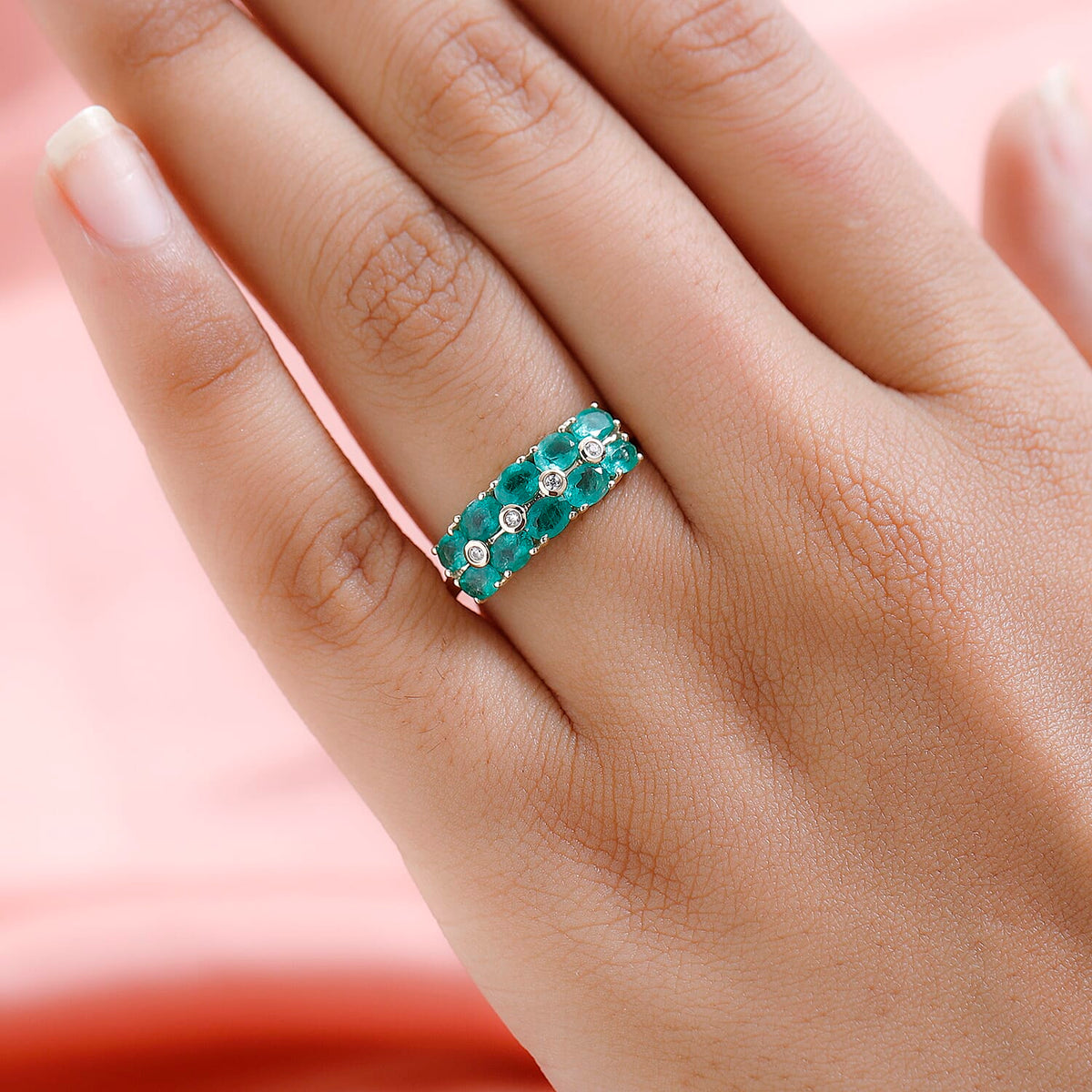 9K Yellow Gold AAA Gemfields Emerald and Natural Zircon Ring 1.60 Ct 7544479 2