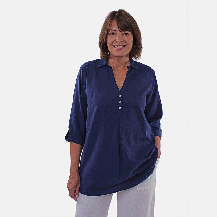 TAMSY Short Sleeve Shirt with Half Placket and Stand Collar (Size L,16-18) - Navy 8732745 1