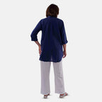 TAMSY Short Sleeve Shirt with Half Placket and Stand Collar (Size L,16-18) - Navy