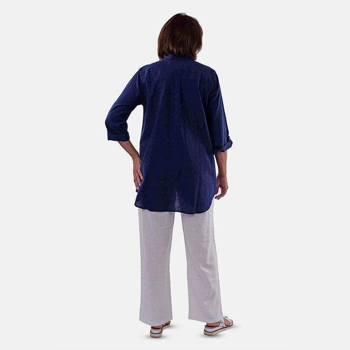 TAMSY Short Sleeve Shirt with Half Placket and Stand Collar (Size L,16-18) - Navy 8732745 2