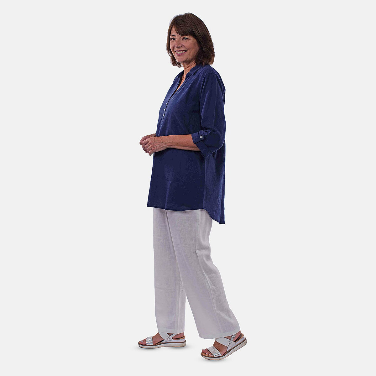 TAMSY Short Sleeve Shirt with Half Placket and Stand Collar (Size L,16-18) - Navy 8732745 2