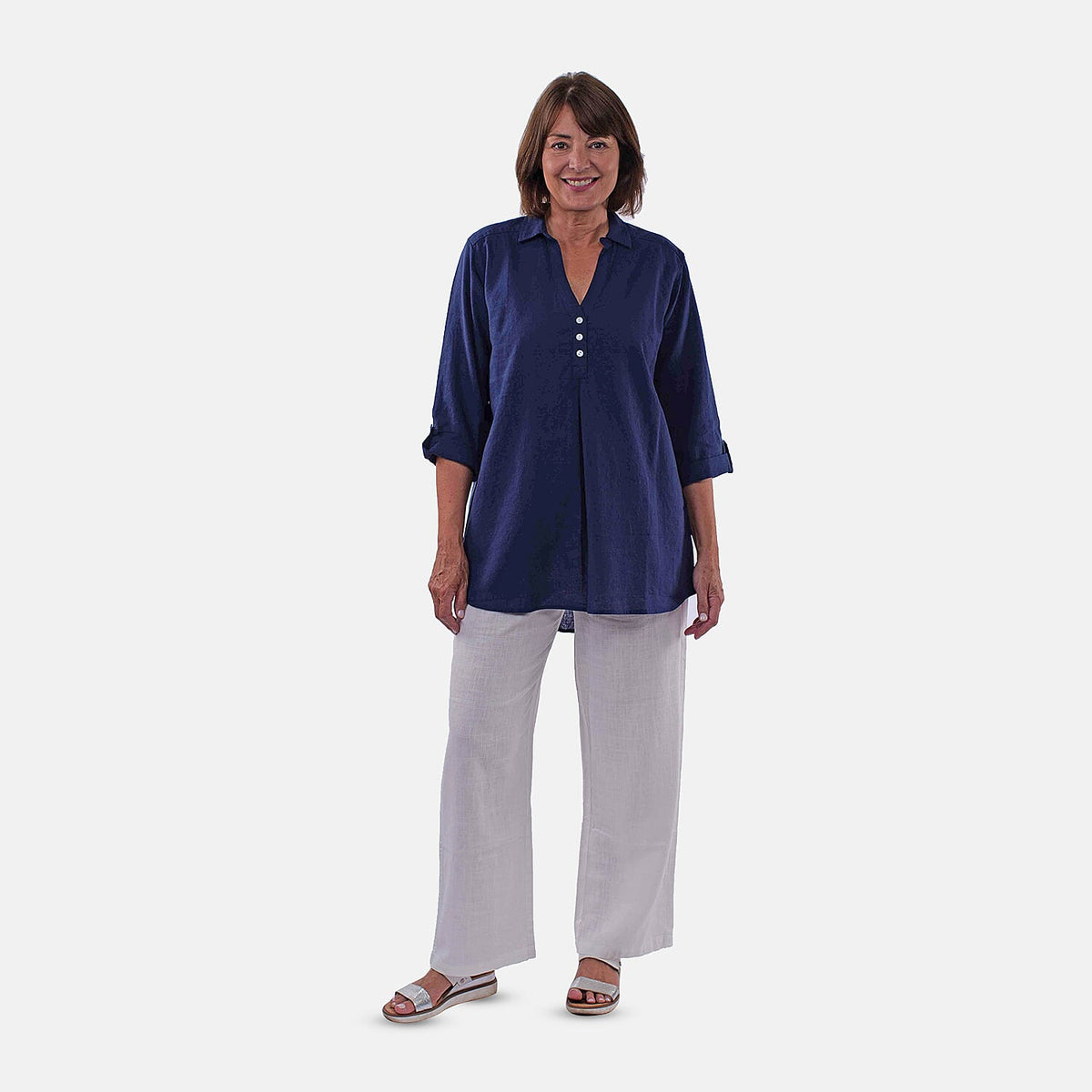 TAMSY Short Sleeve Shirt with Half Placket and Stand Collar (Size L,16-18) - Navy 8732745 3