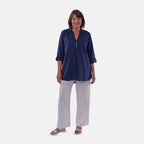 TAMSY Short Sleeve Shirt with Half Placket and Stand Collar (Size L,16-18) - Navy