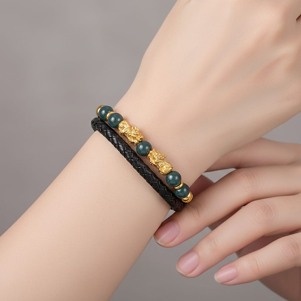 Natural Jadeite Jade Beads &amp; Pixiu Charms  Genuine Leather Bracelet (Size 7.5) in Yellow Gold Plated 50.00 Ct. V32606693 3