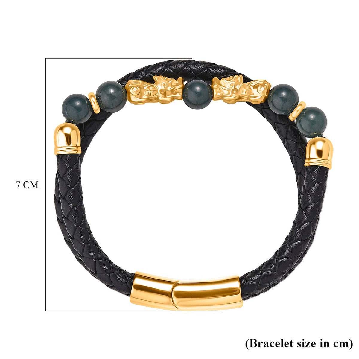 Natural Jadeite Jade Beads &amp; Pixiu Charms  Genuine Leather Bracelet (Size 7.5) in Yellow Gold Plated 50.00 Ct. V32606693 6