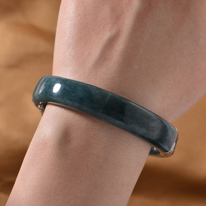 SUPER RARE - Natural Type A Jadeite Bangle (Size - 7.5) in Rhodium Overlay Sterling Silver 250.00 Ct 7826451 2