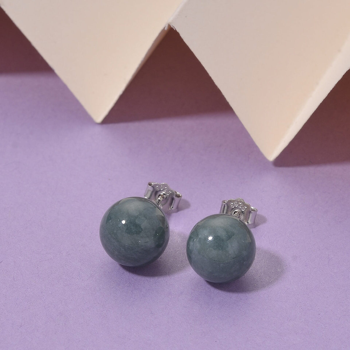 Natural Type A Olmec Jadeite Jade Ball Stud Earring with Push Back in Rhodium Overlay Sterling Silver 15 Ct. 8243855 2