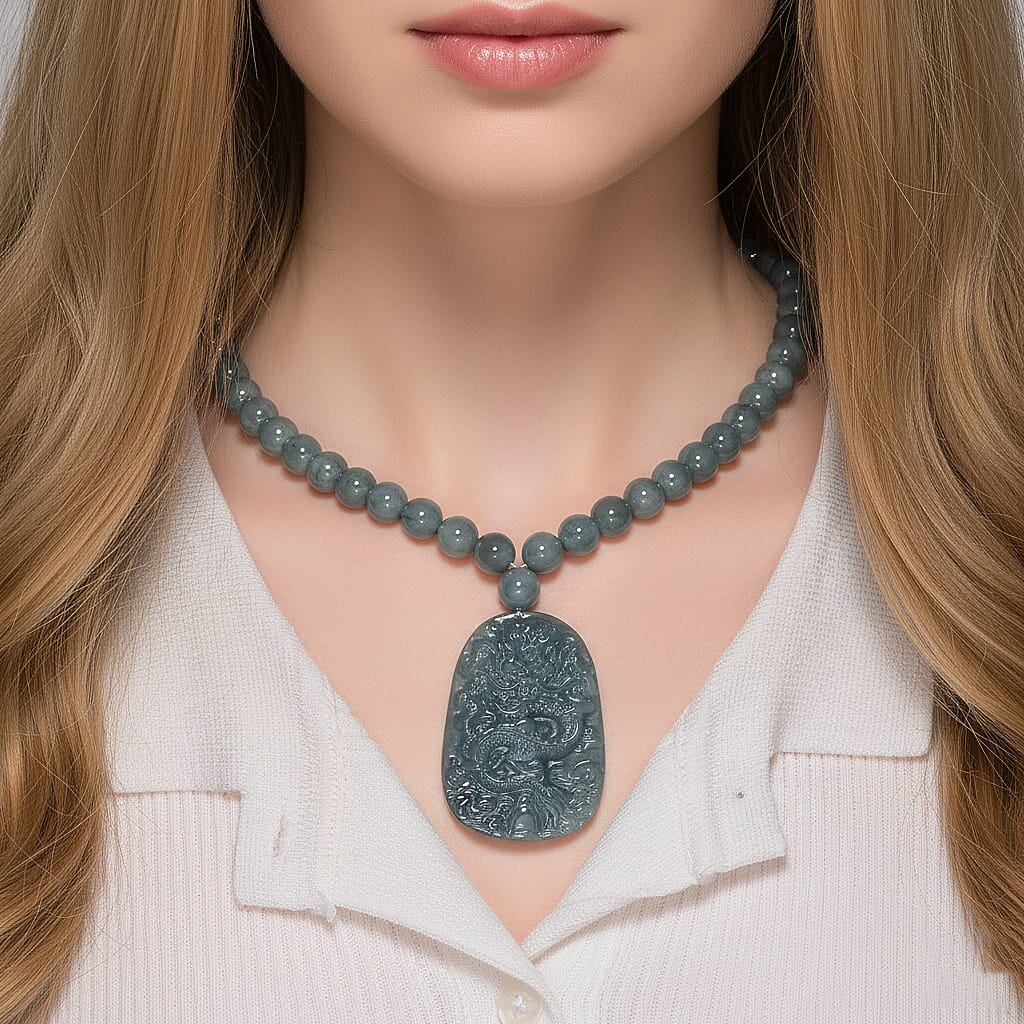 Olmec Jadeite Dragon Carved Pendant Necklace (Size - 20) in Rhodium Overlay Sterling Silver V32537548 5