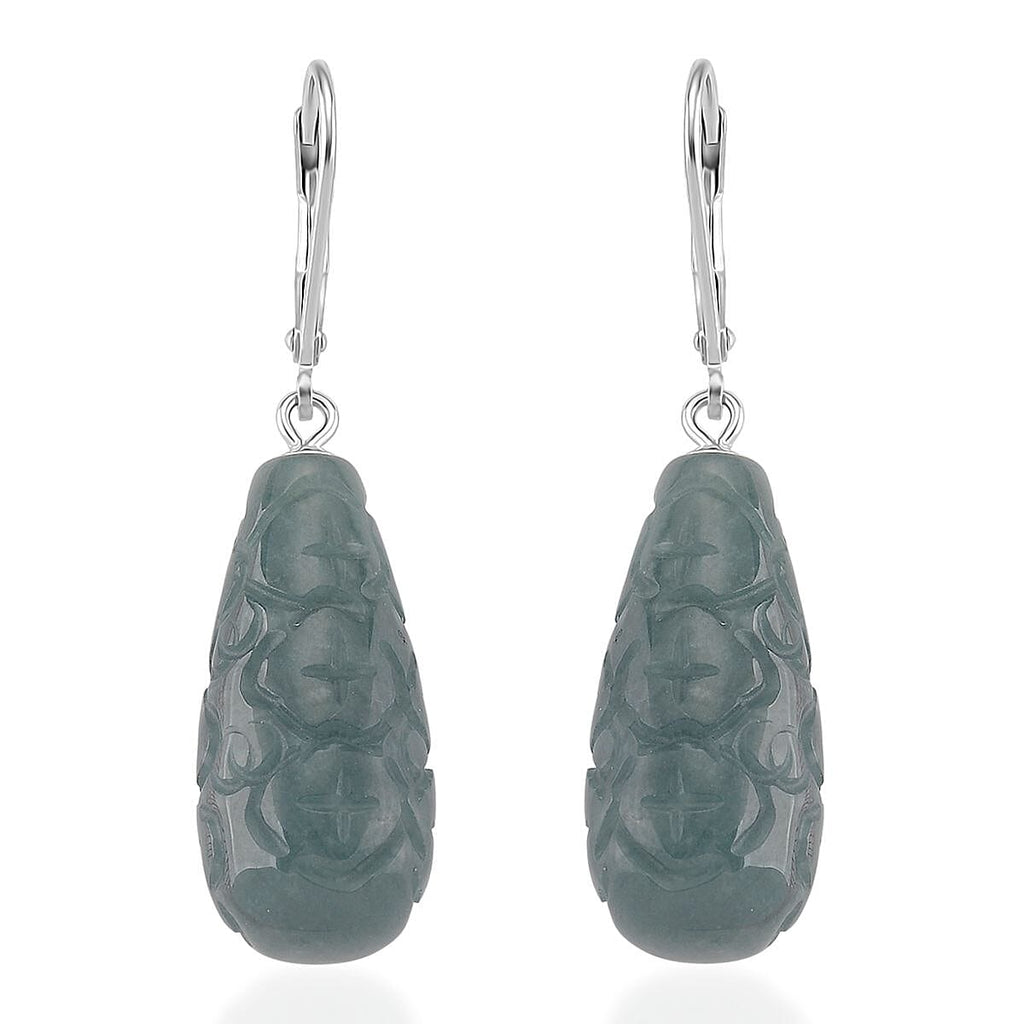 Natural Type A Jadeite Earring with Lever Back in Rhodium Overlay Sterling Silver 44.70 Ct.