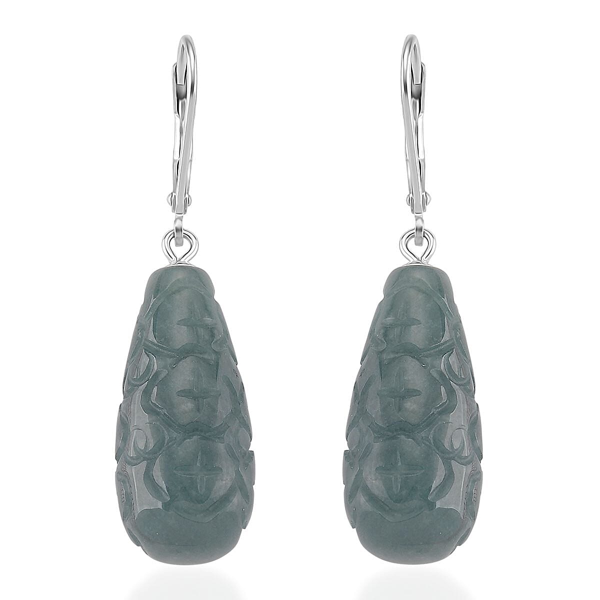 Carved Olmec Jadeite Earring with Lever Back in Rhodium Overlay Sterling Silver 44.70 Ct. 8206687 0