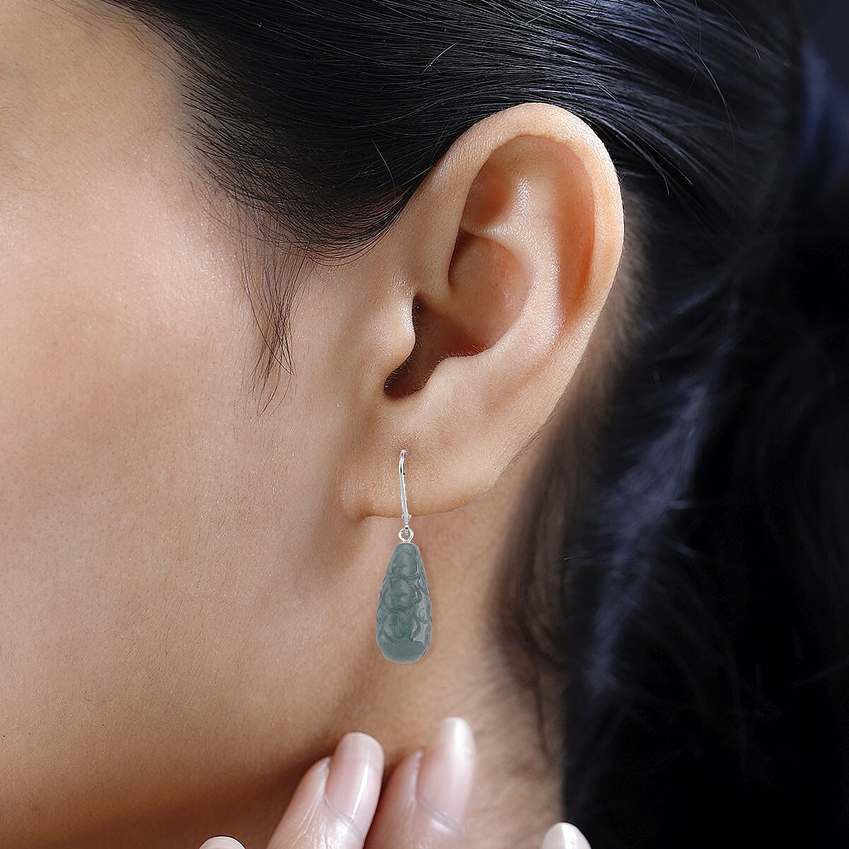 Carved Olmec Jadeite Earring with Lever Back in Rhodium Overlay Sterling Silver 44.70 Ct. 8206687 3