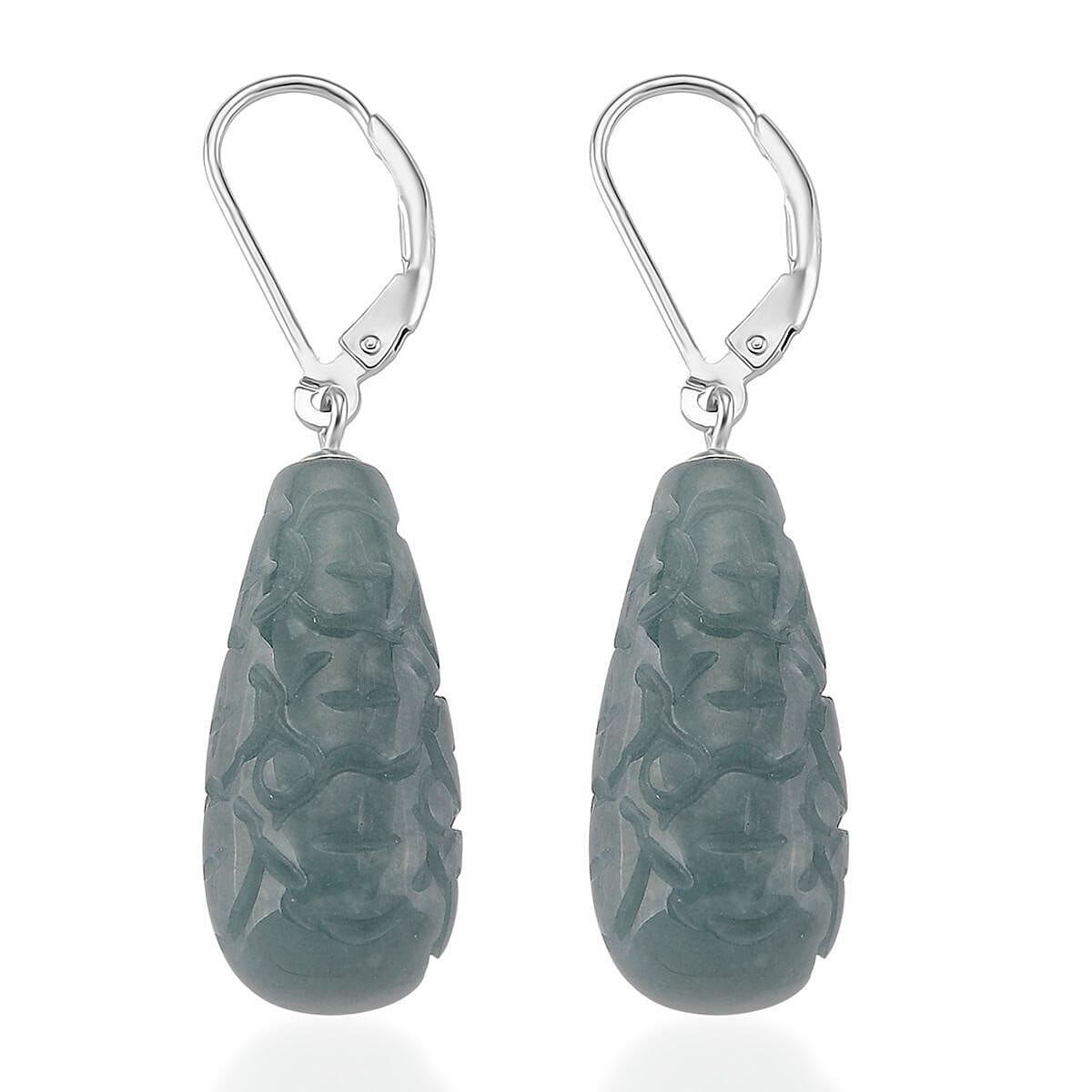 Carved Olmec Jadeite Earring with Lever Back in Rhodium Overlay Sterling Silver 44.70 Ct. 8206687 4
