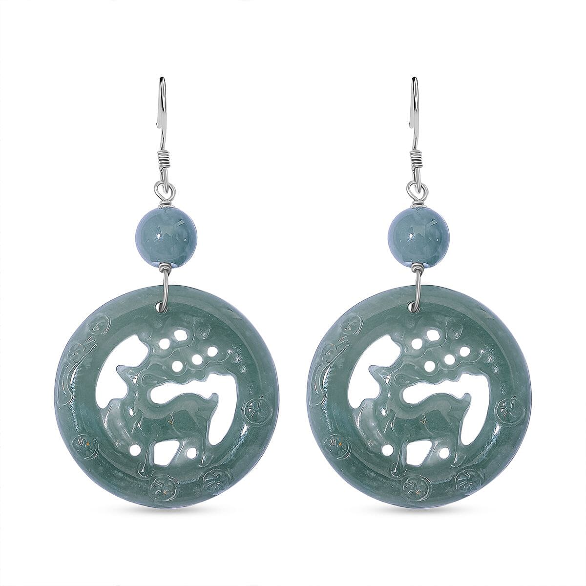 Natural Type A Olmec Jadeite Jade Deer Earring with Hook in Rhodium Overlay Sterling Silver 41.00 Ct. 8111346 0