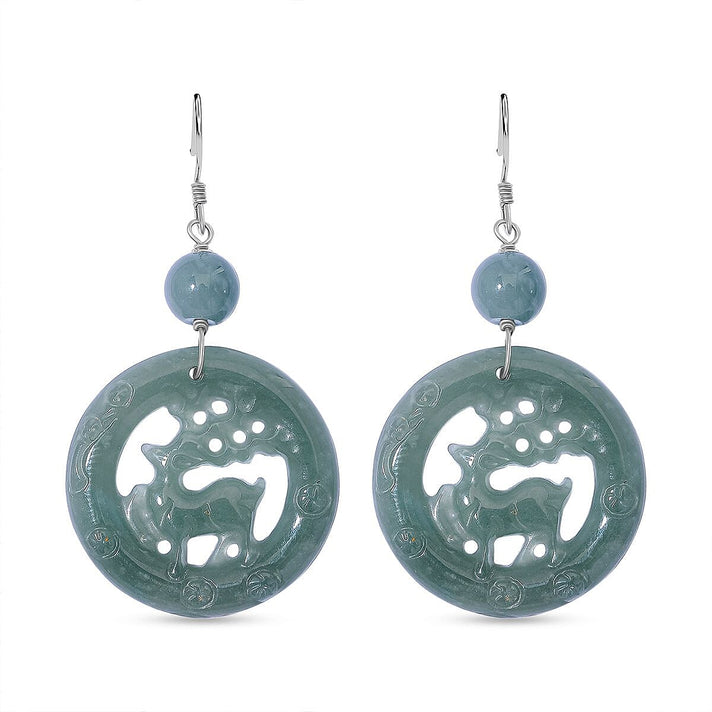 Natural Type A Olmec Jadeite Jade Deer Earring with Hook in Rhodium Overlay Sterling Silver 41.00 Ct. 8111346 1