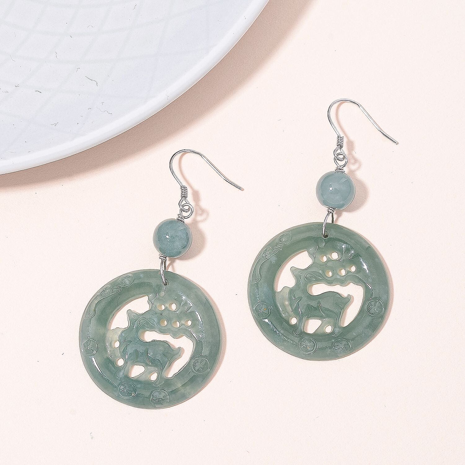 Natural Type A Olmec Jadeite Jade Deer Earring with Hook in Rhodium Overlay Sterling Silver 41.00 Ct. 8111346 2