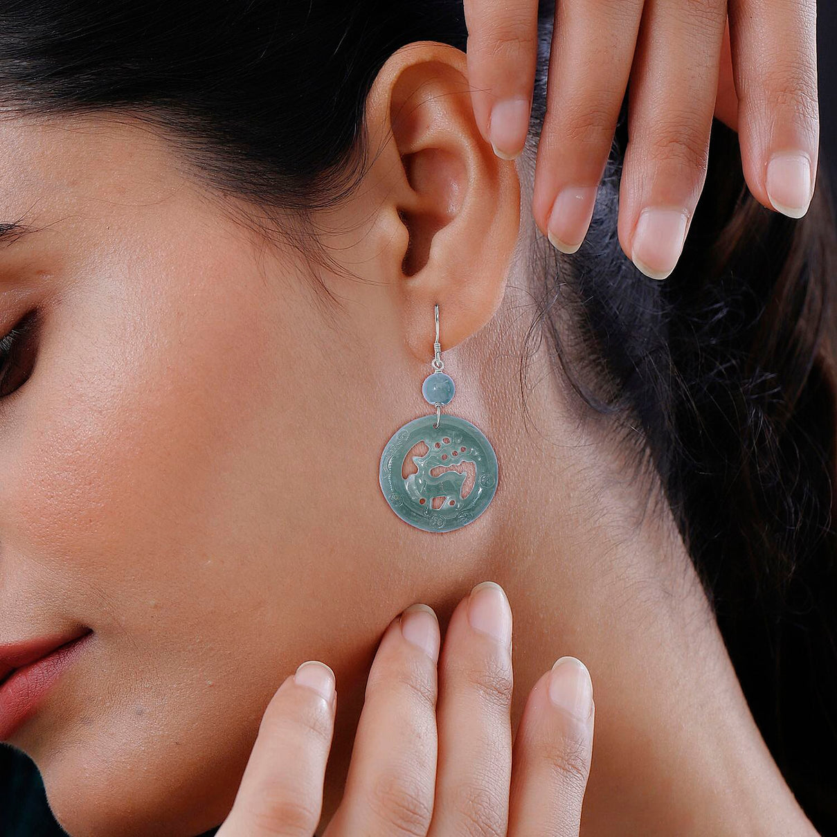Natural Type A Olmec Jadeite Jade Deer Earring with Hook in Rhodium Overlay Sterling Silver 41.00 Ct. 8111346 3