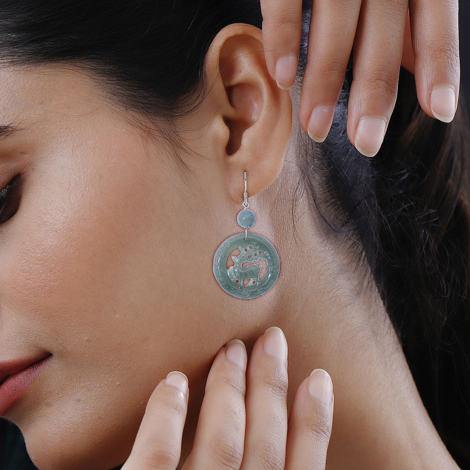 Natural Type A Olmec Jadeite Jade Deer Earring with Hook in Rhodium Overlay Sterling Silver 41.00 Ct. 8111346 3