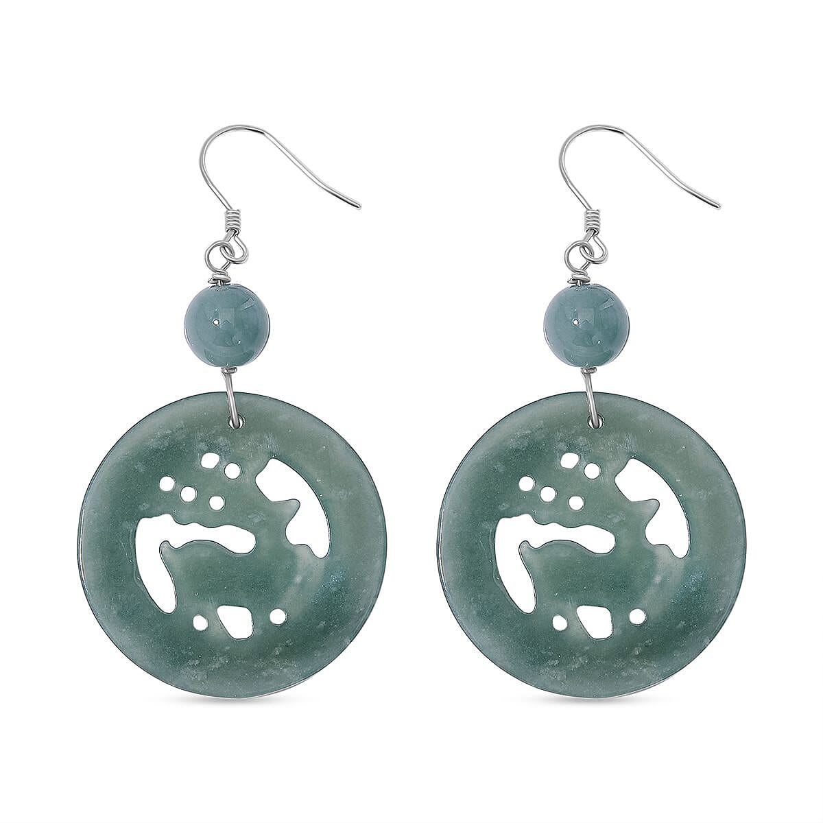 Natural Type A Olmec Jadeite Jade Deer Earring with Hook in Rhodium Overlay Sterling Silver 41.00 Ct. 8111346 4