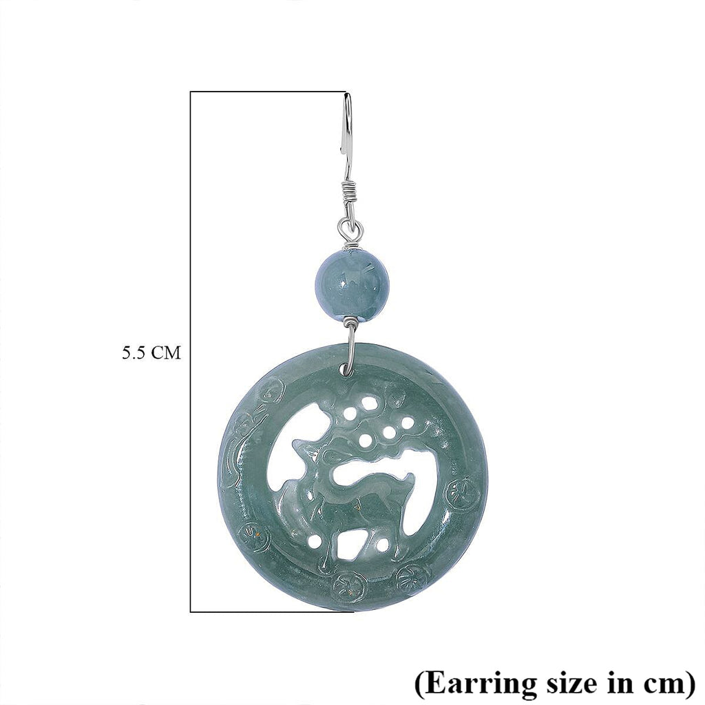 Natural Type A Jadeite Deer Earring with Hook in Rhodium Overlay Sterling Silver 41.00 Ct.