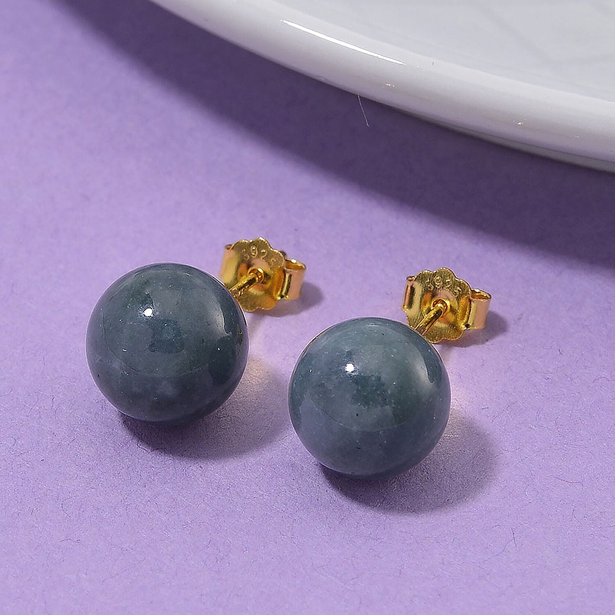 Natural Type A Olmec Jadeite Jade Ball Stud Earring with Push Back in Yellow Gold Plated Sterling Silver 15 Ct. 8143774 2