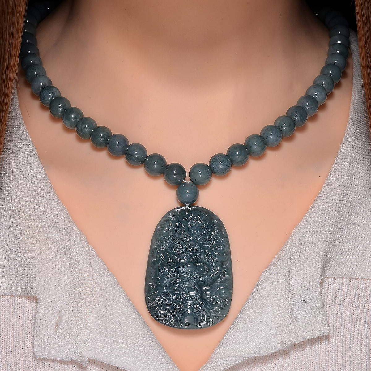 Olmec Jadeite Dragon Carved Pendant Necklace (Size - 20) in Rhodium Overlay Sterling Silver V32537548 4