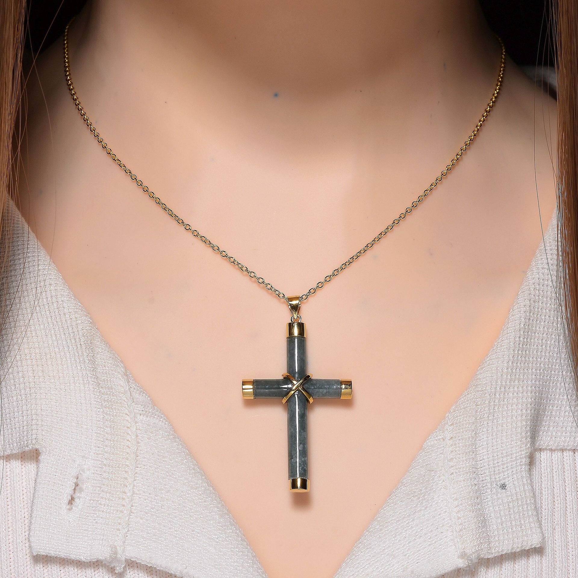Olmec Jadeite Cross Pendant with Chain (Size 20) with Lobster Clasp in Yellow Gold Plated Sterling Silver 15.00 Ct. 8215423 2
