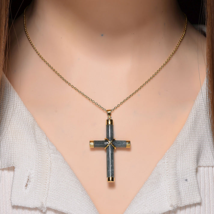 Olmec Jadeite Cross Pendant with Chain (Size 20) with Lobster Clasp in Yellow Gold Plated Sterling Silver 15.00 Ct. 8215423 2