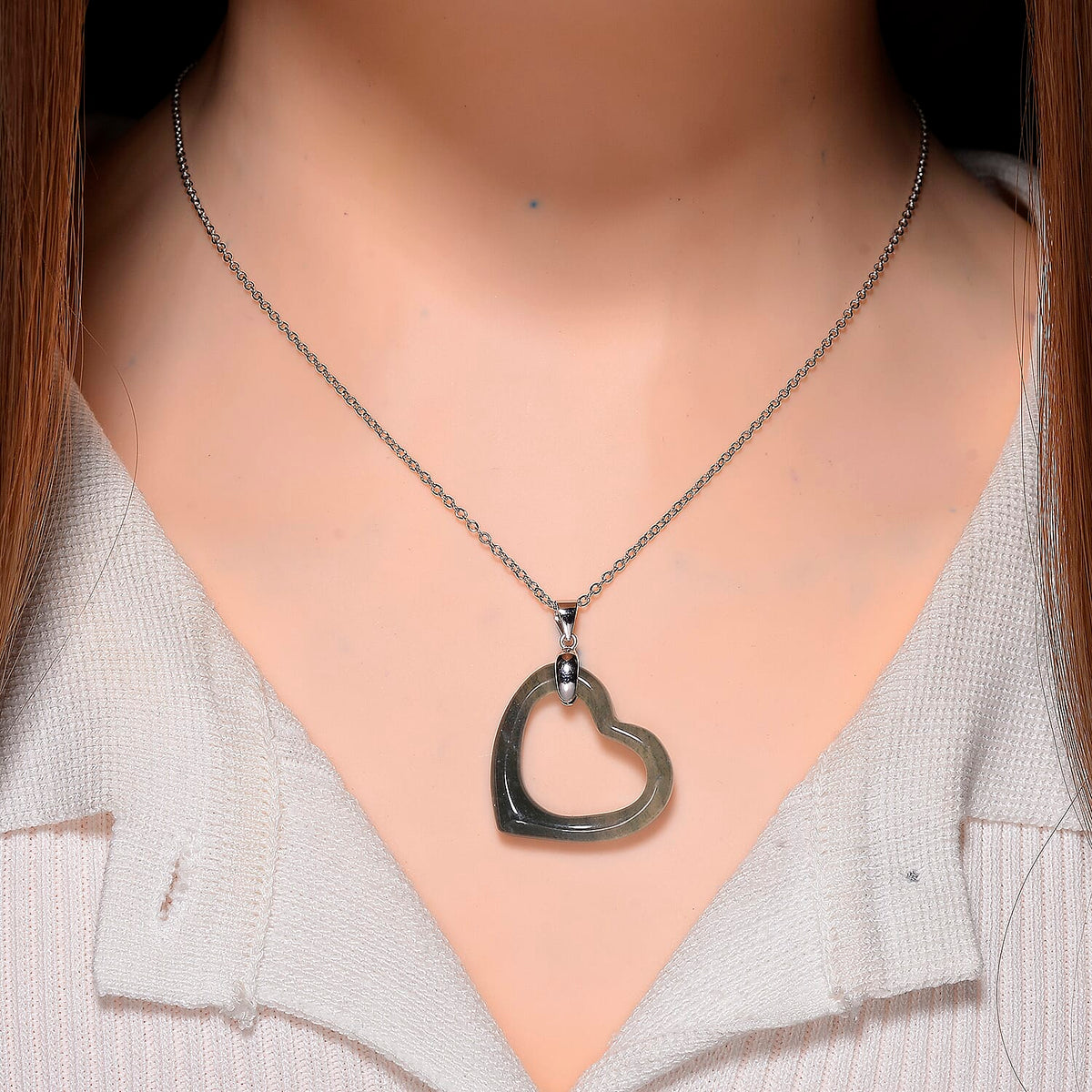 Olmec Jadeite Heart Pendant with Chain (Size 20) in Rhodium Overlay Sterling Silver 25.00 Ct. 8215426 1
