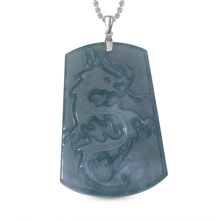 Olmec Jadeite Dragon Carved Pendant with Chain (Size 20) in Rhodium Overlay Sterling Silver 120.0  Ct. 4308938 1