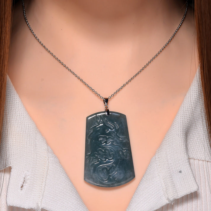Olmec Jadeite Dragon Carved Pendant with Chain (Size 20) in Rhodium Overlay Sterling Silver 120.0  Ct. 4308938 2