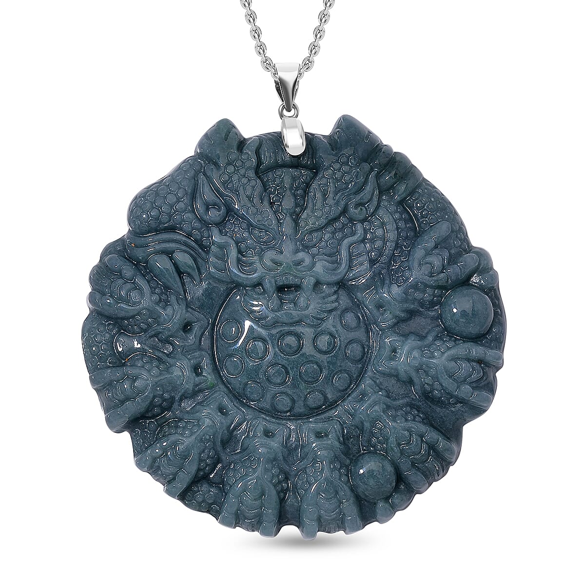 Limited Edition Natural Type A Olmec Jadeite Carved 9 Dragons Pendant with Chain (Size 20) in Rhodium Overlay Sterling Silver 175  Ct. 4308942 0