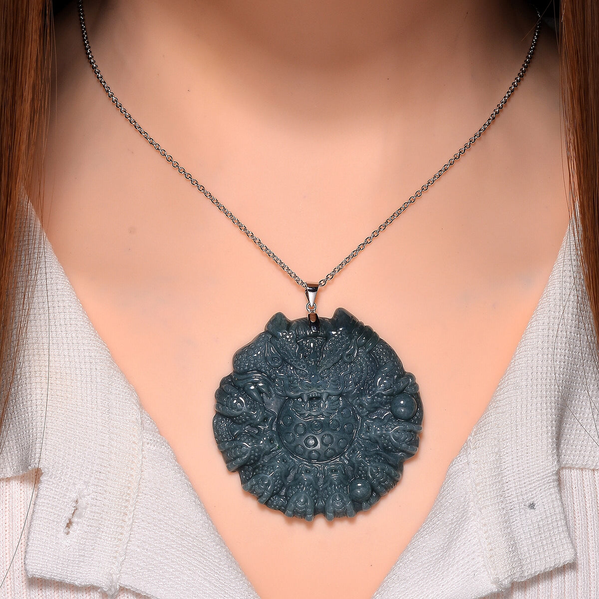 Limited Edition Natural Type A Olmec Jadeite Carved 9 Dragons Pendant with Chain (Size 20) in Rhodium Overlay Sterling Silver 175  Ct. 4308942 1