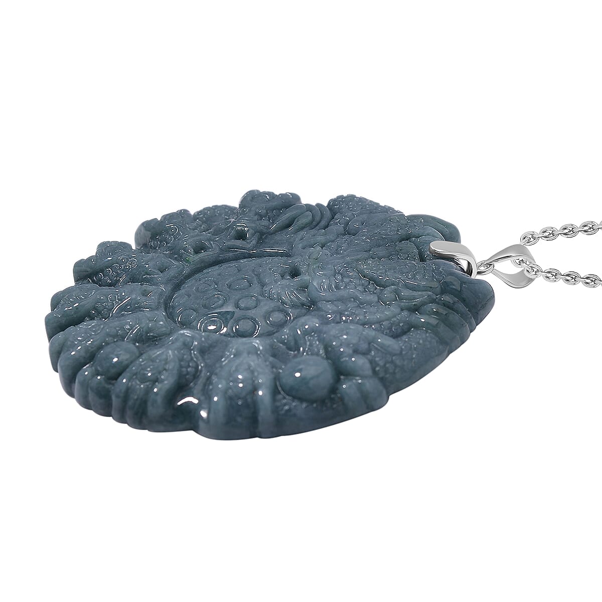 Limited Edition Natural Type A Olmec Jadeite Carved 9 Dragons Pendant with Chain (Size 20) in Rhodium Overlay Sterling Silver 175  Ct. 4308942 2