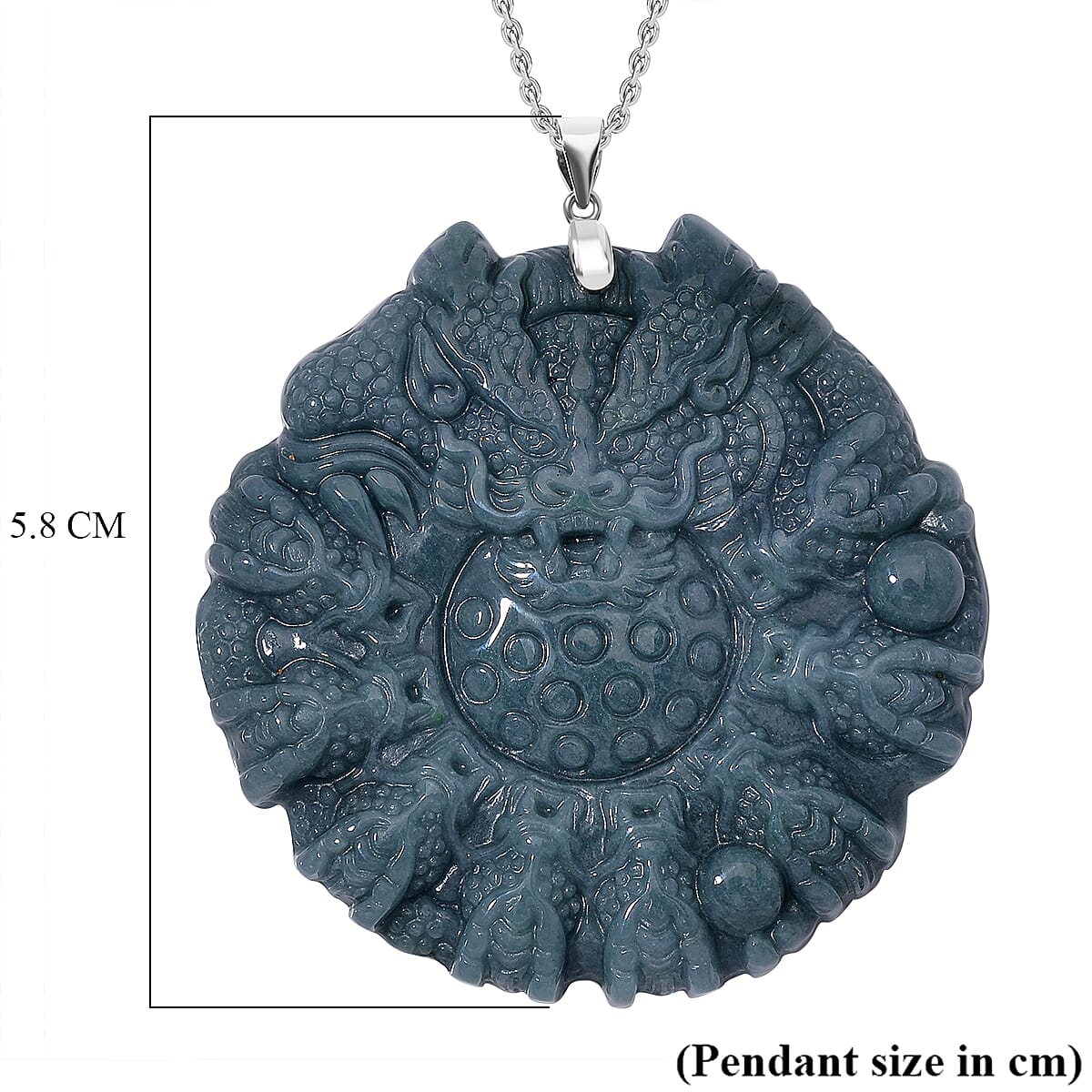 Limited Edition Natural Type A Olmec Jadeite Carved 9 Dragons Pendant with Chain (Size 20) in Rhodium Overlay Sterling Silver 175  Ct. 4308942 4
