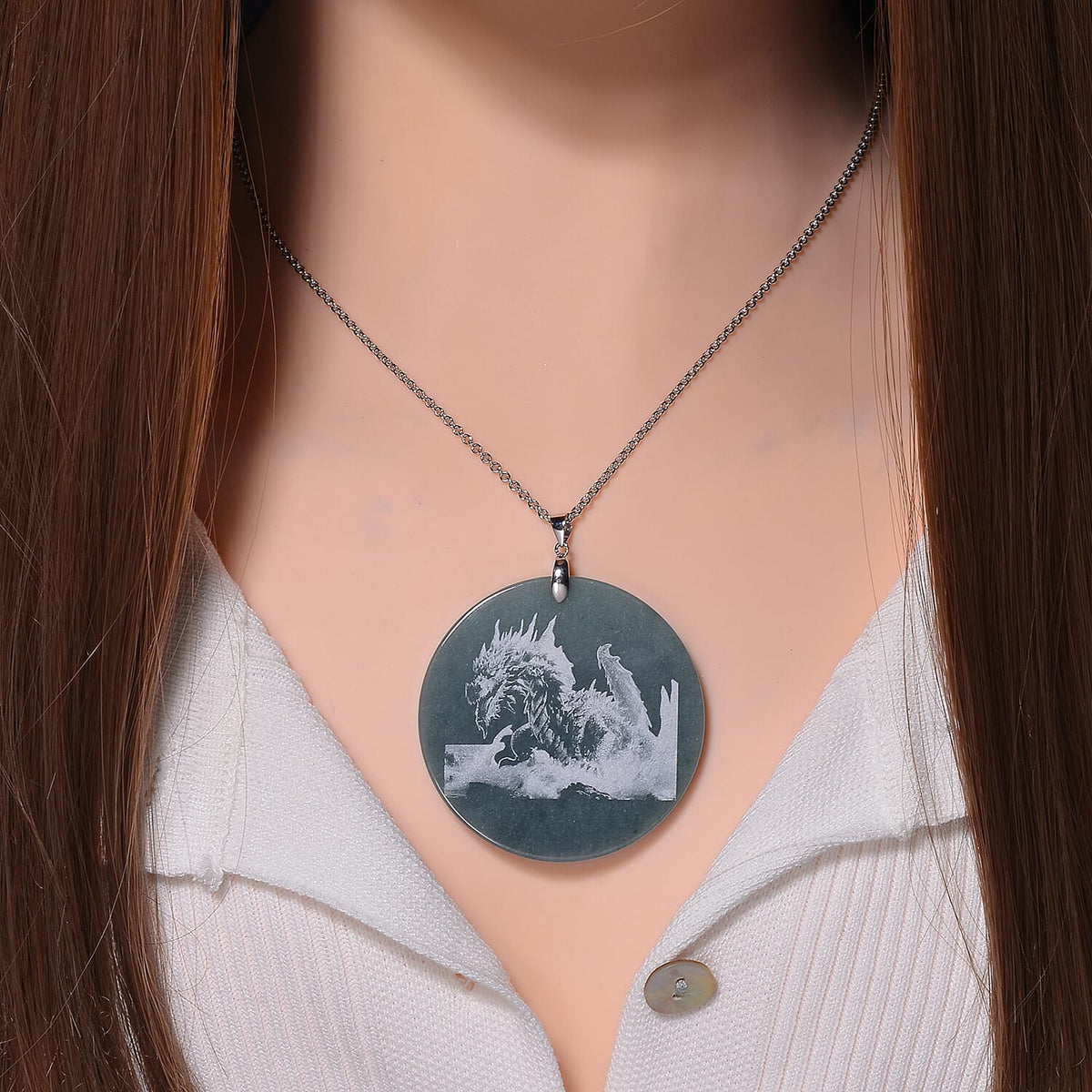 Natural Type A Jadeite Dragon Pendant with Chain (Size 20) in Rhodium Overlay Sterling Silver 185.00 Ct V32605491 4