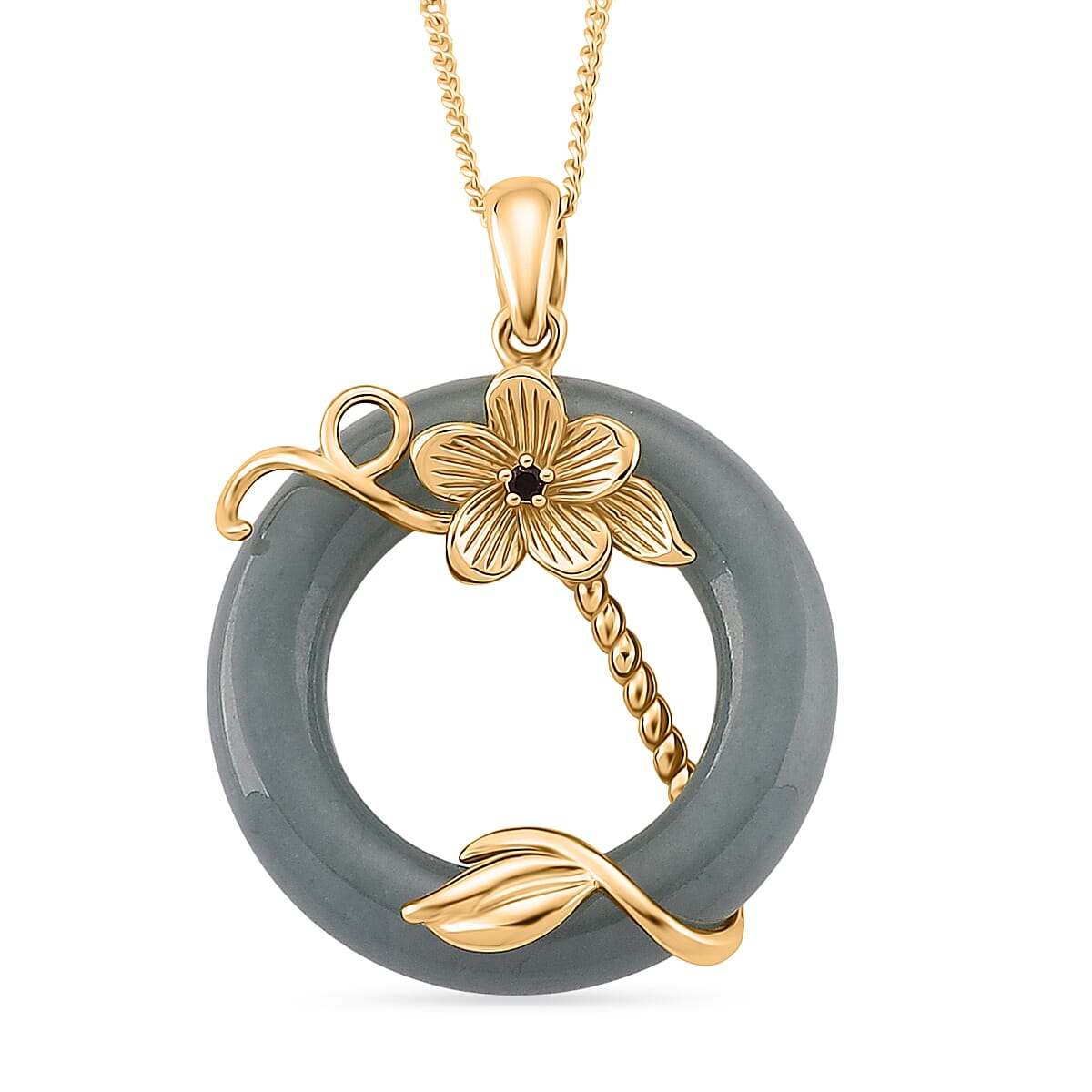 D'Joy Natural Jadeite &amp; Red Garnet Circle Pendant with Chain (Size - 18) in Yellow Gold Plated Sterling Silver 22.23 Ct. 4449771 0