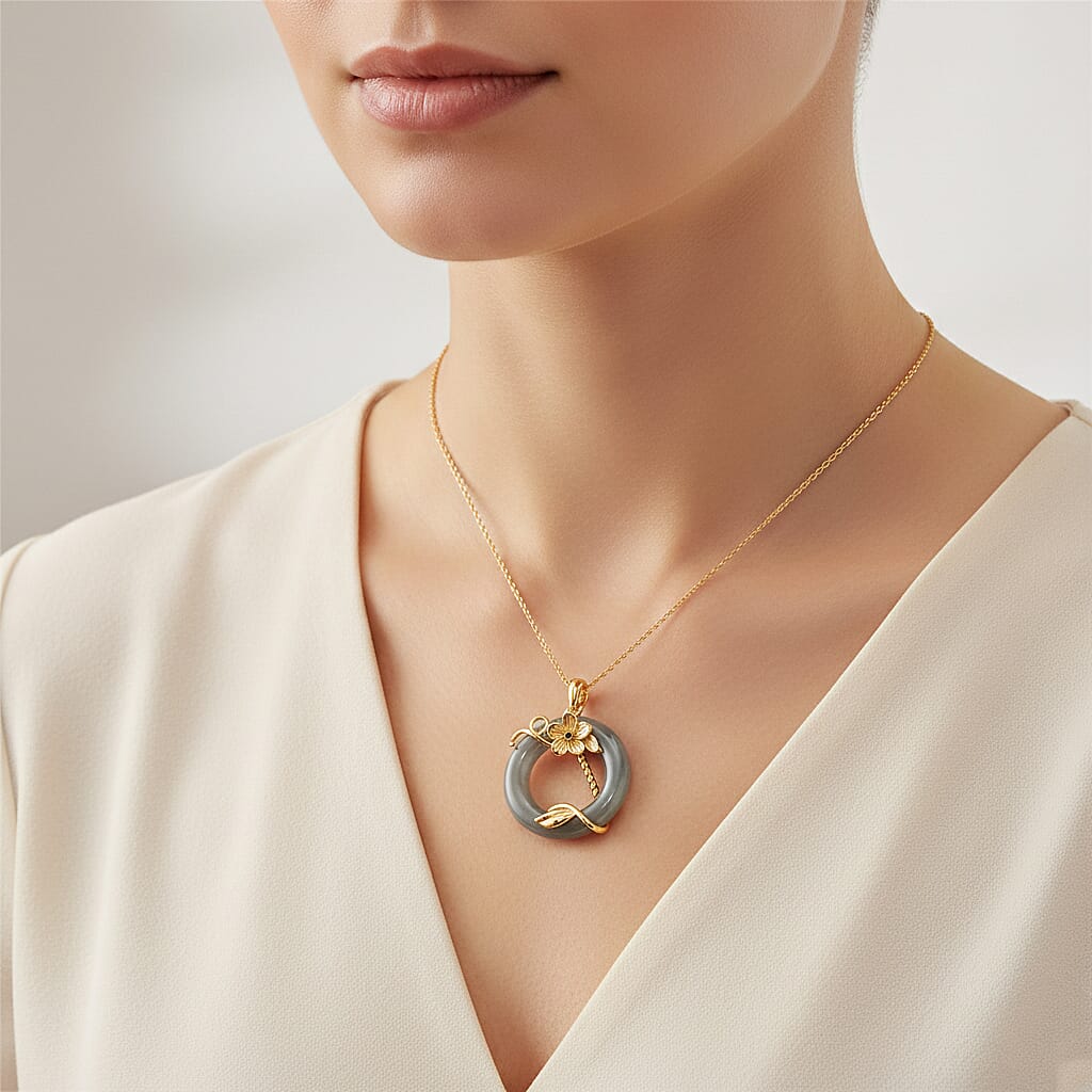 D'Joy Natural Jadeite &amp; Red Garnet Circle Pendant with Chain (Size - 18) in Yellow Gold Plated Sterling Silver 22.23 Ct. 4449771 3