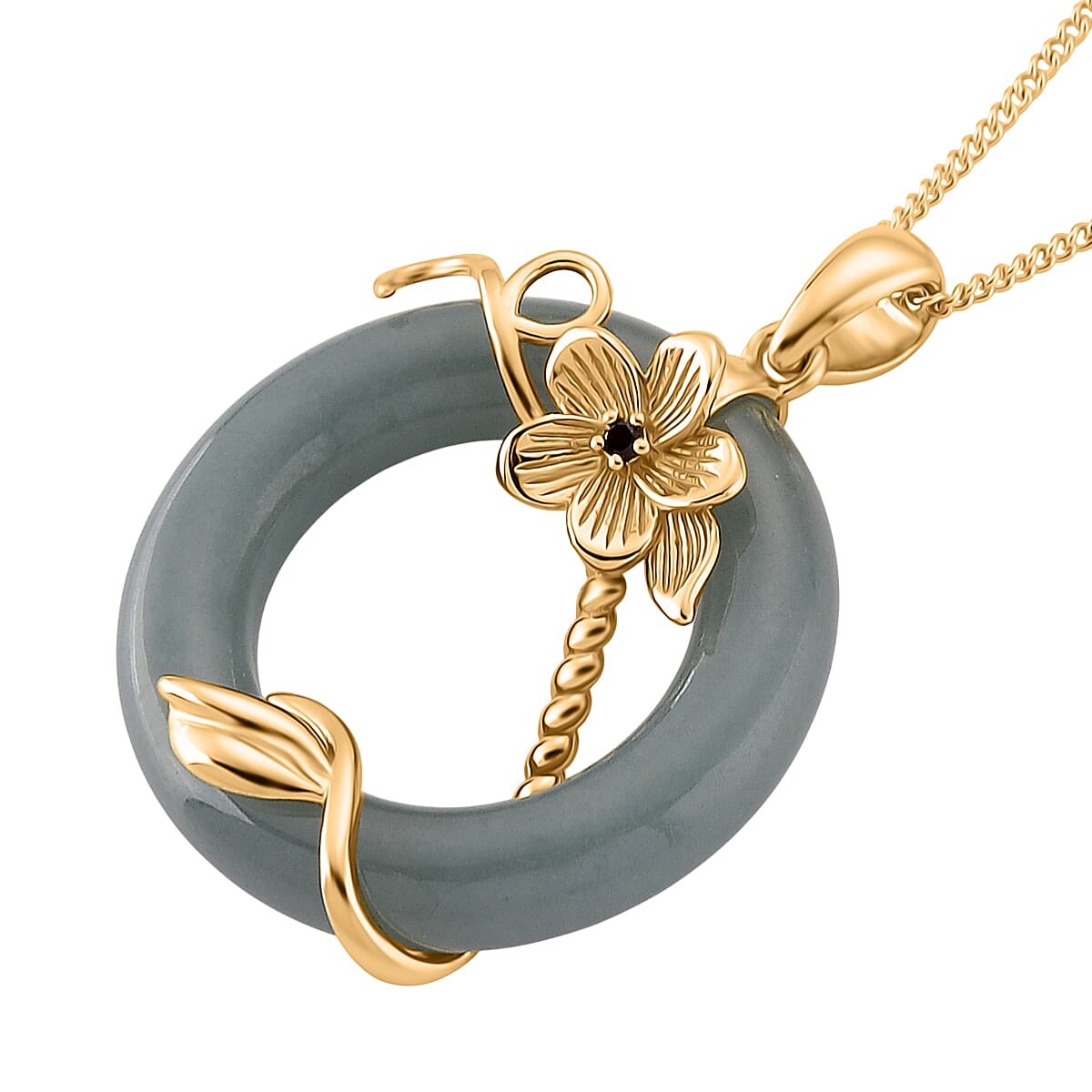 D'Joy Natural Jadeite &amp; Red Garnet Circle Pendant with Chain (Size - 18) in Yellow Gold Plated Sterling Silver 22.23 Ct. 4449771 4
