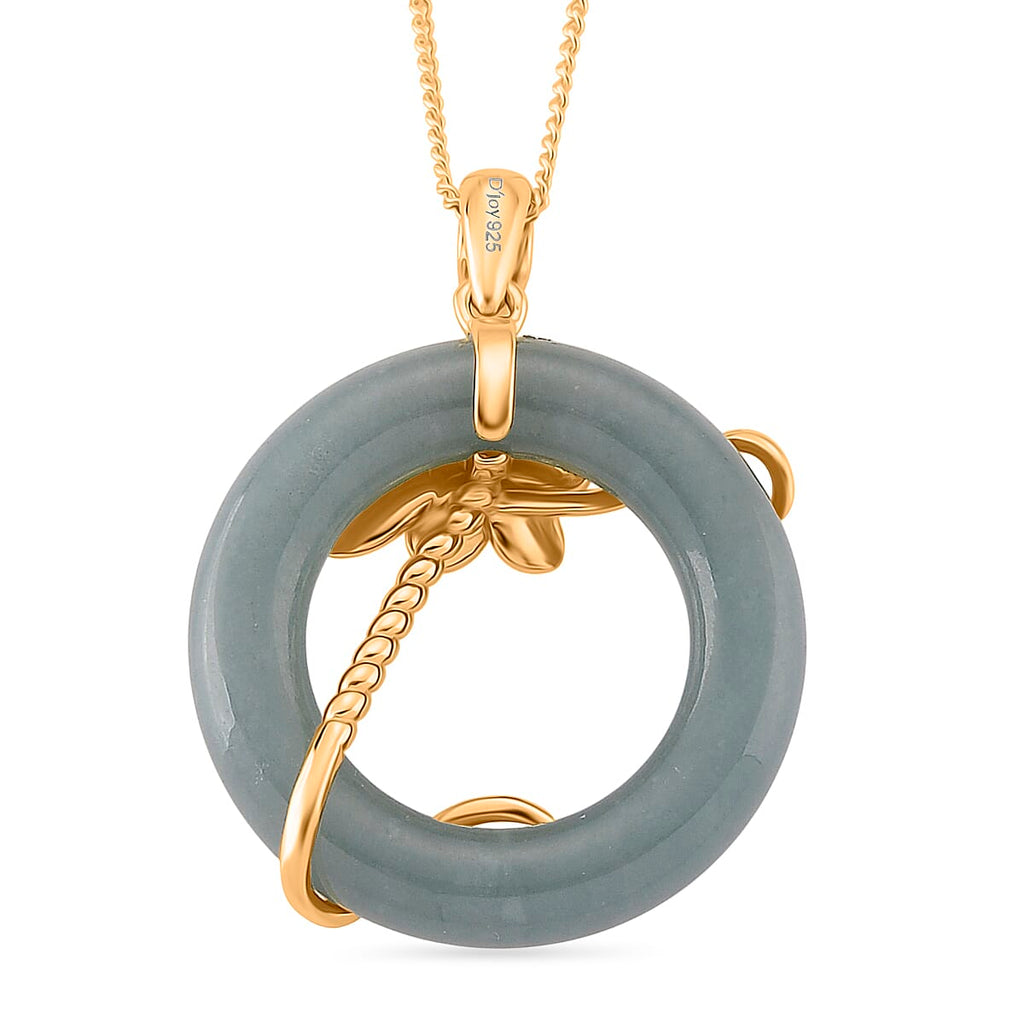 D'Joy Natural Jadeite & Red Garnet Circle Pendant with Chain (Size - 18) in Yellow Gold Plated Sterling Silver 22.23 Ct.