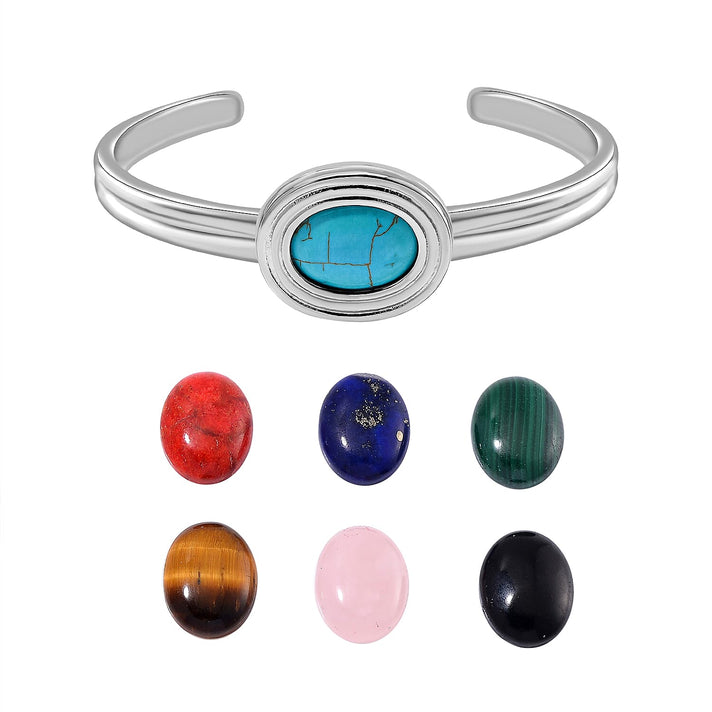 One Time Closeout Deal -  Cuff Bangle with 7 Interchangeable Gemstones - Lapis, Coral, Malachite, Tiger Eye, Howlite, Shungite and Rose quartz 7853708 1