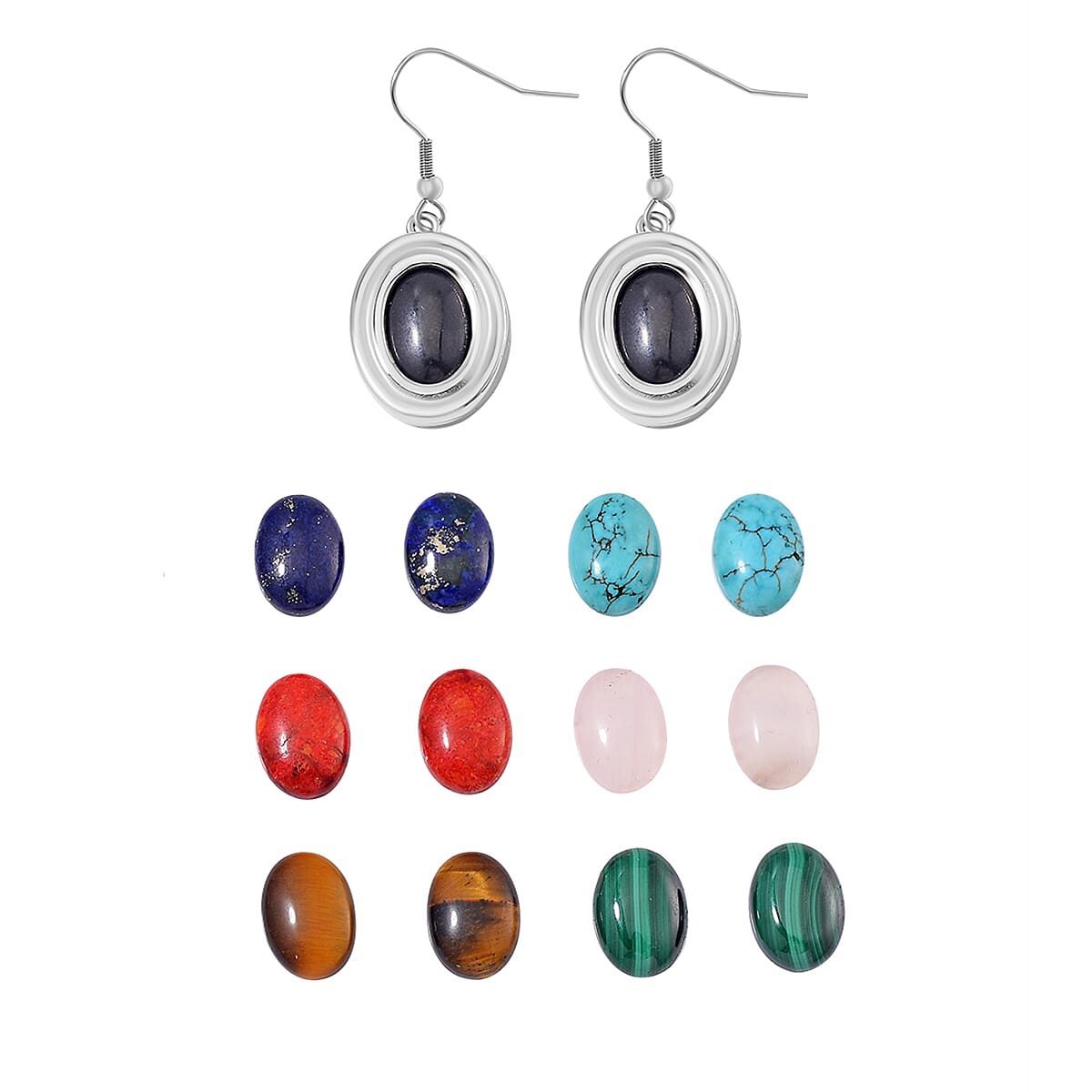 One Time Closeout Deal - Solitaire Drop Earrings with Interchangeable 7 Gemstones - Lapis, Coral, Malachite, Tiger Eye, Howlite, Shungite and Rose quartz 7784382 0