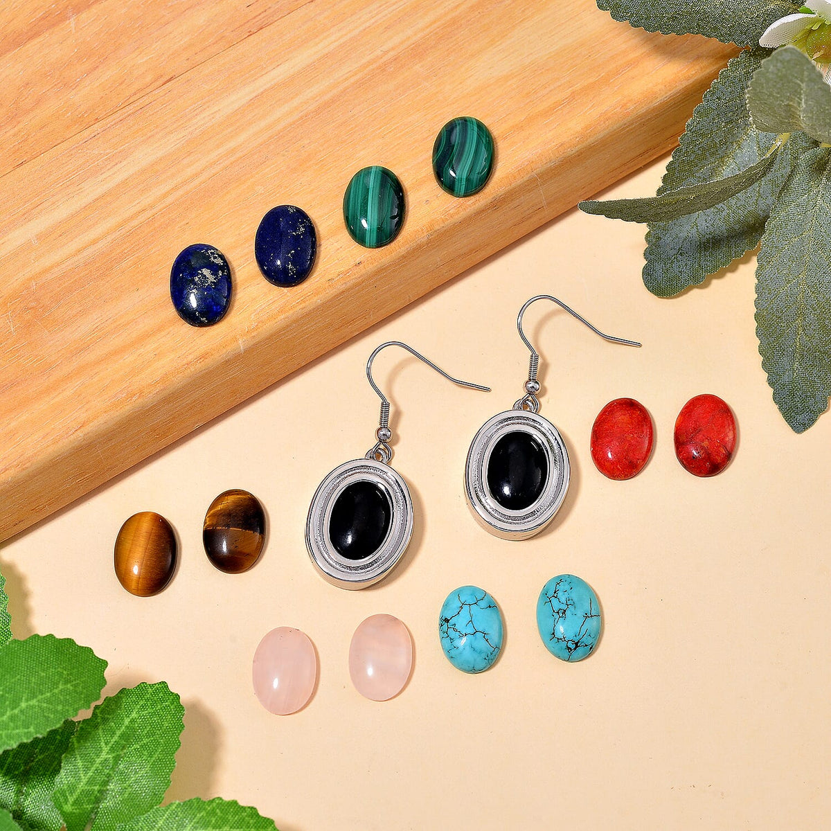 One Time Closeout Deal - Solitaire Drop Earrings with Interchangeable 7 Gemstones - Lapis, Coral, Malachite, Tiger Eye, Howlite, Shungite and Rose quartz 7784382 2