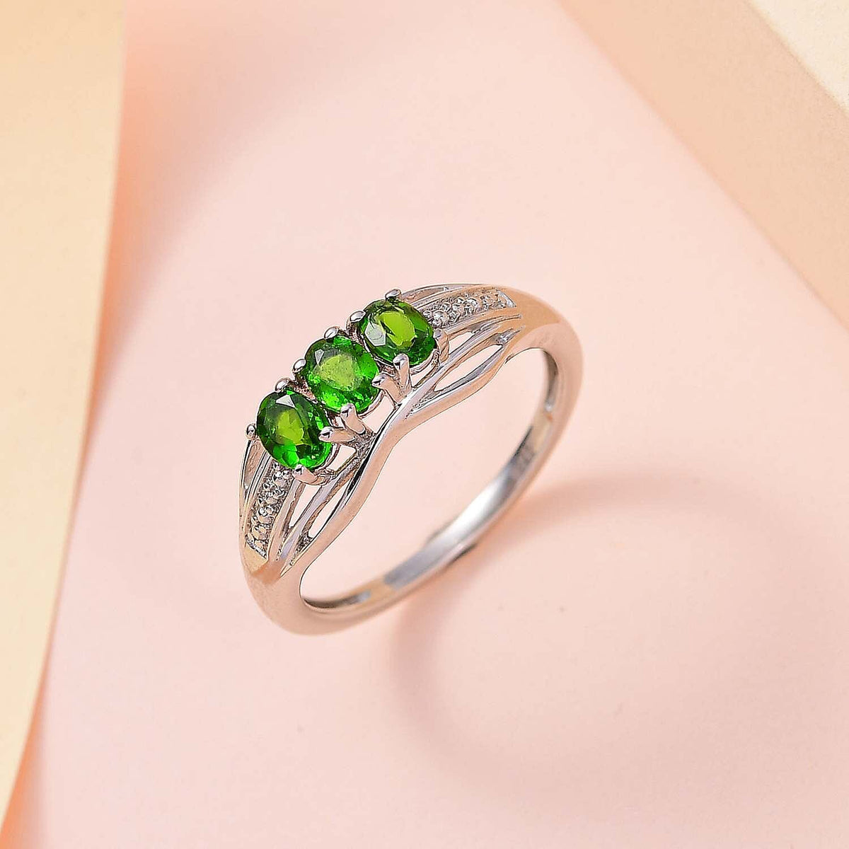 One Time Deal- Chrome Diopside 3 Stone Ring in Platinum Overlay Sterling Silver V32623541 3