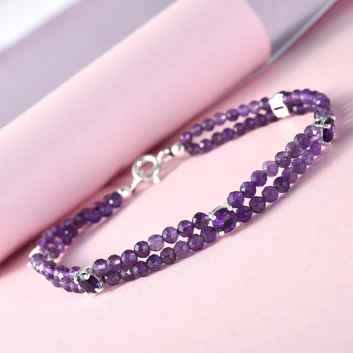 One Time Deal-Amethyst Beads Bracelet (Size - 7.5) in Sterling Silver 25.50 Ct. 7838459 1
