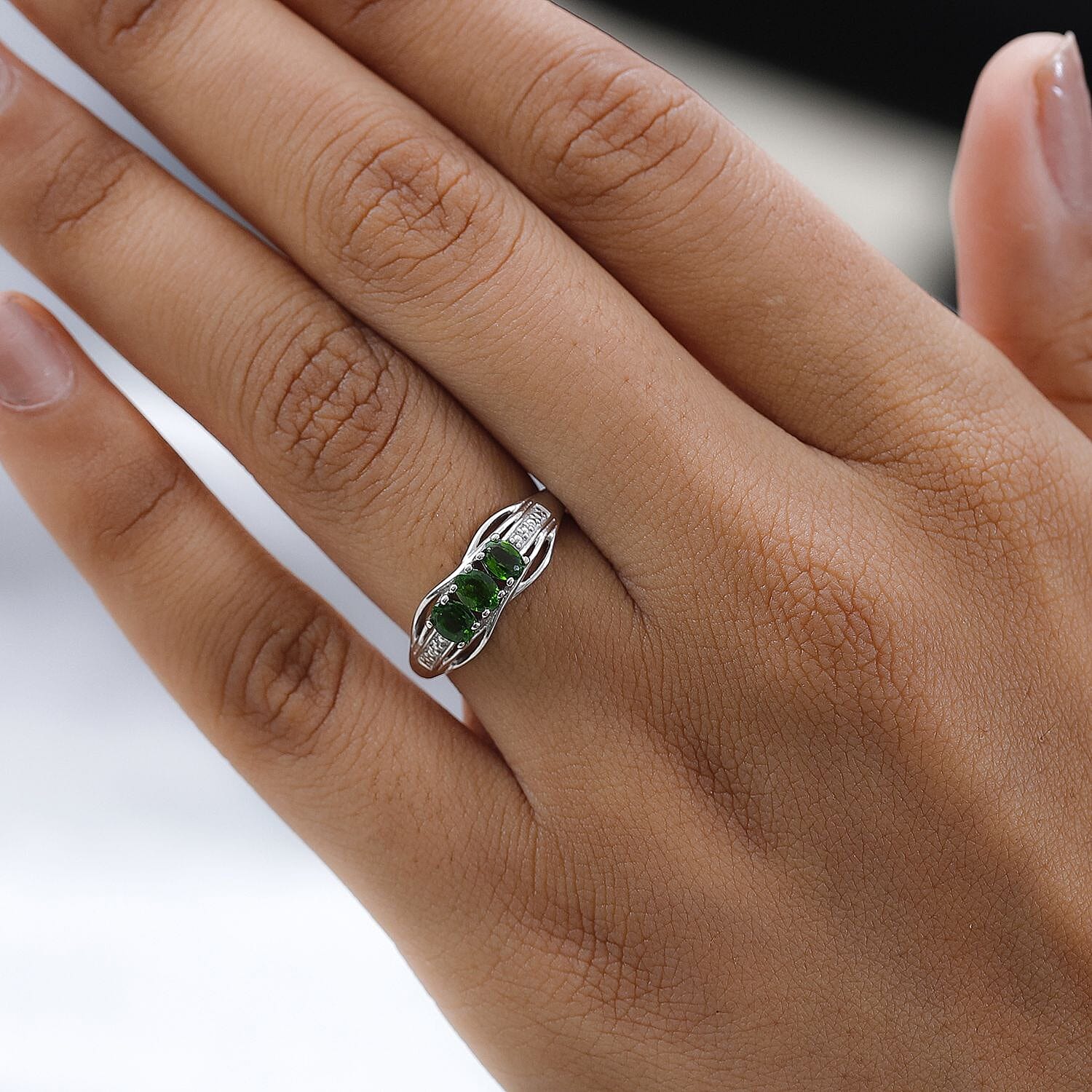 One Time Deal- Chrome Diopside 3 Stone Ring in Platinum Overlay Sterling Silver V32491927 3