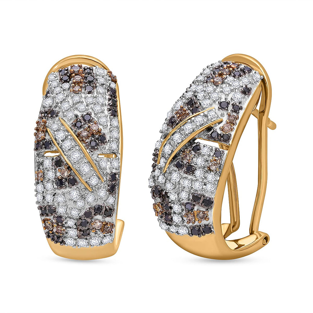 One Time Mega Closeout - Designer Inspired Natural Champagne Diamond, Black & Natural White Diamond Dome Earring in 18K Vermeil Yellow Gold Plated Sterling Silver 1.15 Ct.