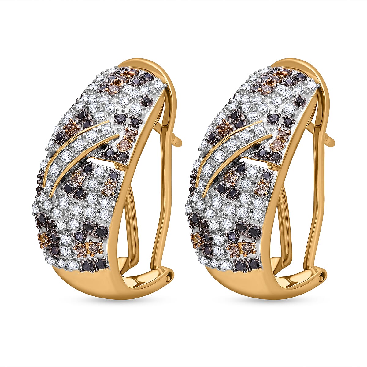 One Time Mega Closeout - Designer Inspired Natural Champagne Diamond, Black &amp; Natural White Diamond Dome Earring in 18K Vermeil Yellow Gold Plated Sterling Silver 1.15 Ct. 8036933 2