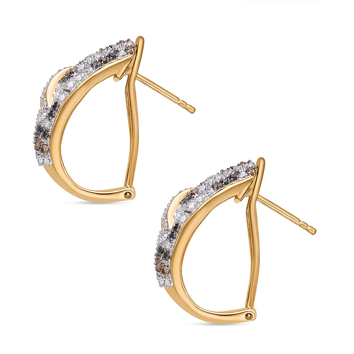 One Time Mega Closeout - Designer Inspired Natural Champagne Diamond, Black &amp; Natural White Diamond Dome Earring in 18K Vermeil Yellow Gold Plated Sterling Silver 1.15 Ct. 8036933 3