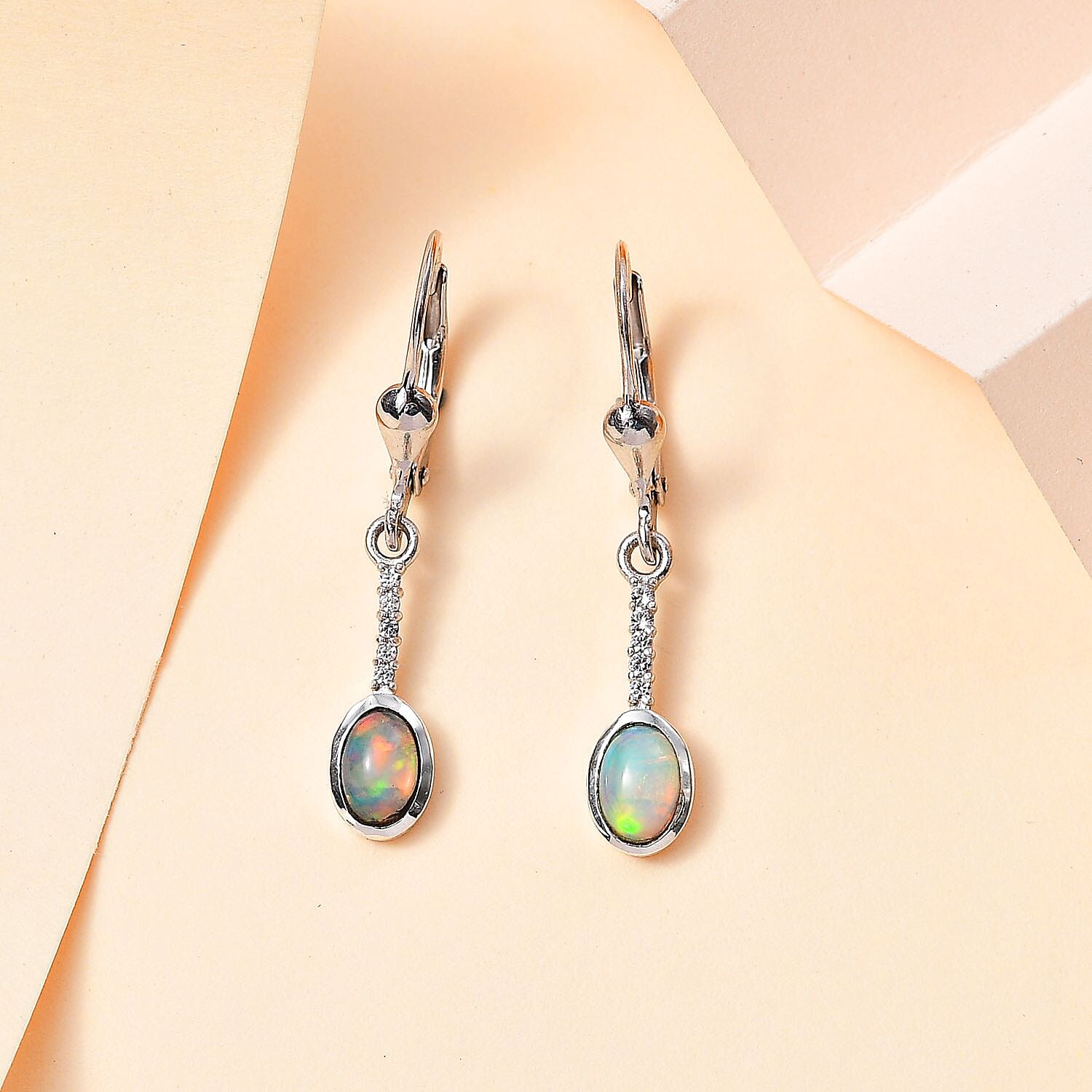 Opal and Natural Zircon Solitaire Dangle Earrings in Platinum Overlay Sterling Silver 7772810 1