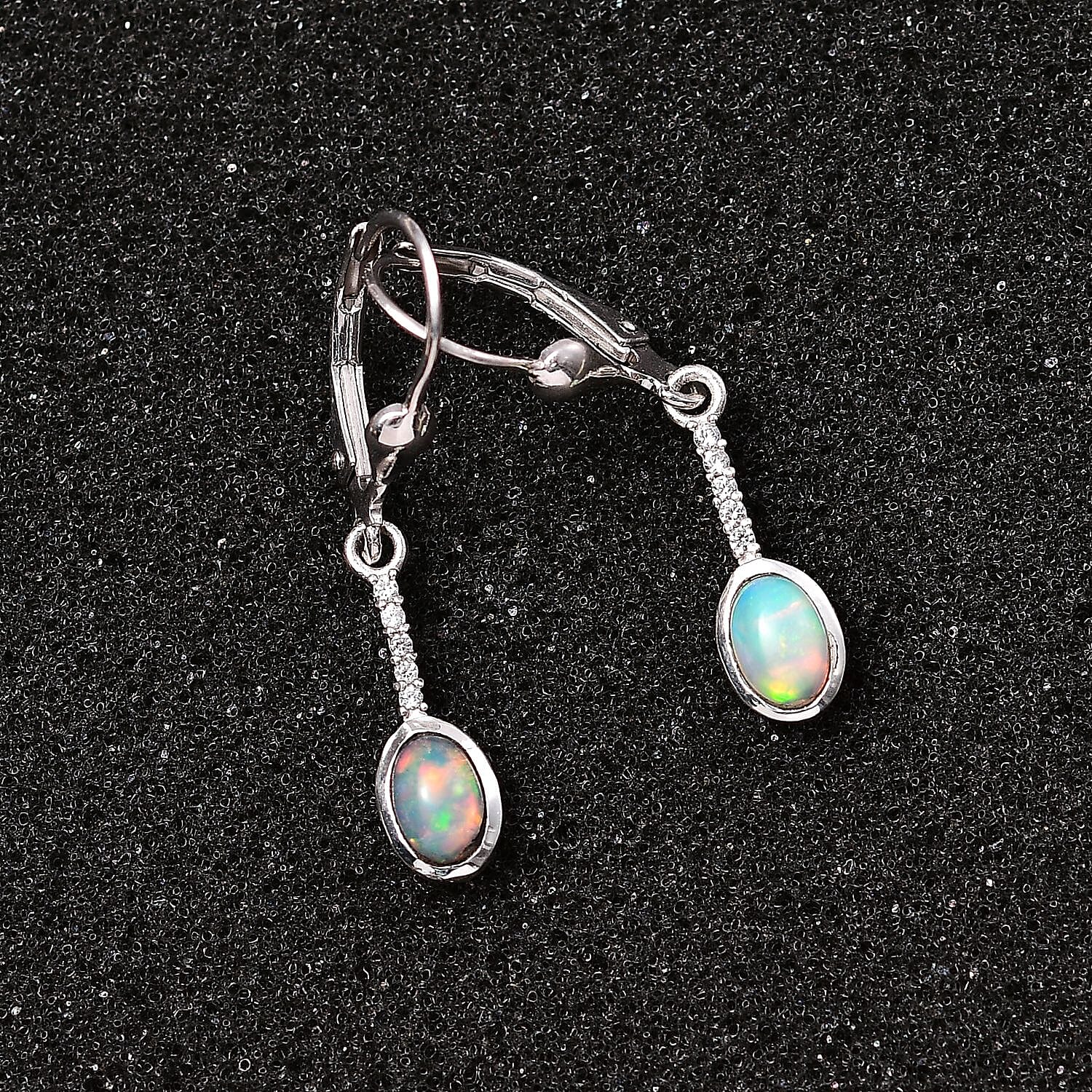 Opal and Natural Zircon Solitaire Dangle Earrings in Platinum Overlay Sterling Silver 7772810 2